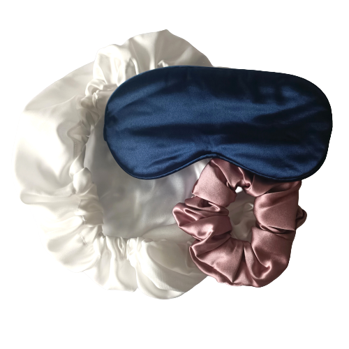 Hodvábny set - Hodvábna čiapka, hodvábna gumička a hodvábna maska na oči 